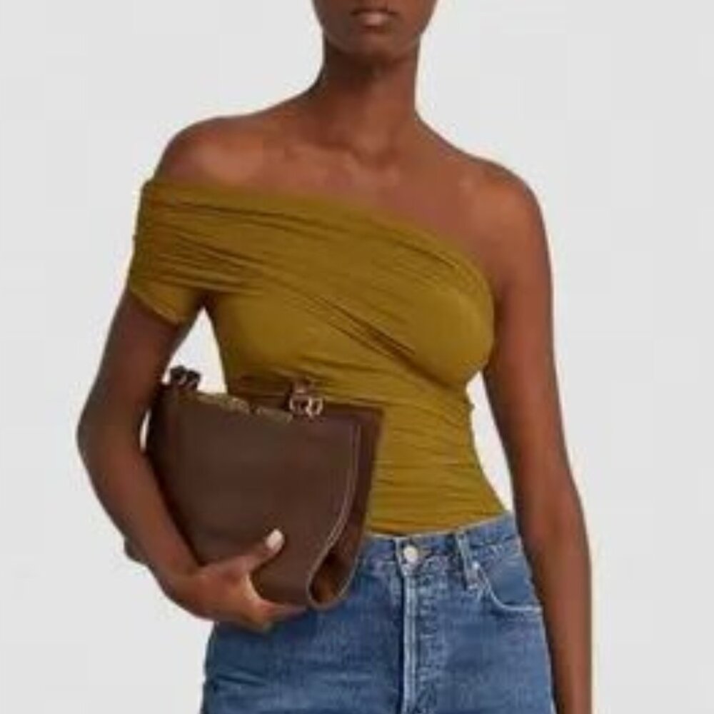 Goldsign Ayers One-Shoulder Asymmetrical Stretch Jersey Bodysuit in Olive Sz S